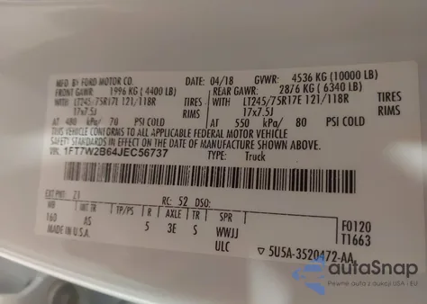 2018 Ford F-250 Xl from USA, damaged, VIN 1FT7W2B64JEC56737